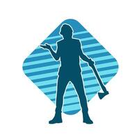 Silhouette of a worker in action pose using his axe tool. vector