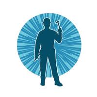 Silhouette of a worker carrying hammer tool. Silhouette of a worker in action pose using hammer tool. vector
