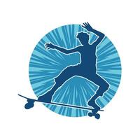 Silhouette of a male in action pose on skateboard. Silhouette of an urban boy on skateboard. vector