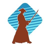 Silhouette of a male fighter in martial art costume carrying samurai sword weapon. vector