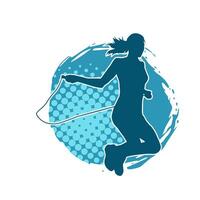 Silhouette of a slim sporty woman doing jump rope workout. vector