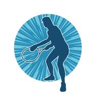 Silhouette of a female tennis player in action pose. Silhouette of a woman playing tennis sport with racket. vector