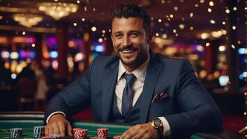 AI generated Happy man playing in a casino photo