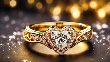 AI generated Beautiful gold ring with a diamond in the shape of a heart photo