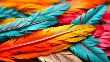 AI generated Multicolored feathers closeup background photo