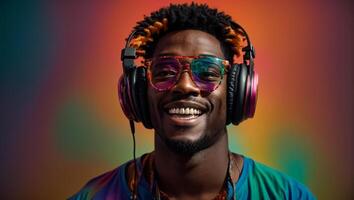 AI generated Portrait of a happy African American man in headphones photo