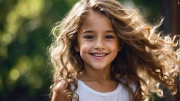 AI generated Little girl with beautiful hair outdoors in summer photo