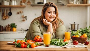 AI generated Very fat woman in the kitchen with vegetables, weight loss concept photo