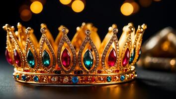 AI generated Beautiful golden crown with stones on a dark background photo