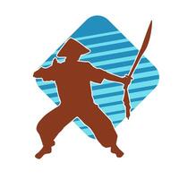 Silhouette of a male fighter in martial art costume carrying samurai sword weapon. vector