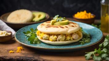 AI generated Delicious arepas, avocados in the kitchen photo