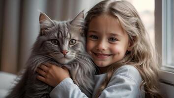 ai generado pequeño niña con linda gato a hogar retrato foto
