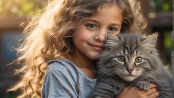 ai generado pequeño niña con linda gato al aire libre retrato foto