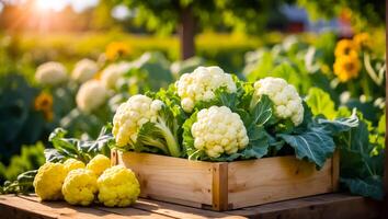 AI generated Harvest of fresh cauliflower in the vegetable garden photo