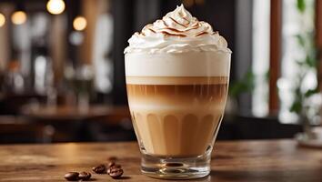 AI generated Beautiful latte coffee with whipped cream in a glass in a cafe photo