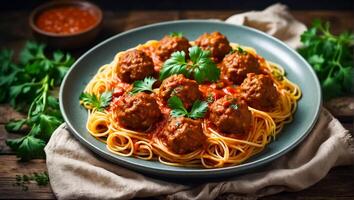 AI generated Delicious appetizing meatballs with spaghetti, tomato sauce in the kitchen photo