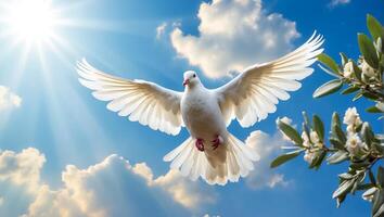 AI generated White dove against the sky with clouds, branch photo