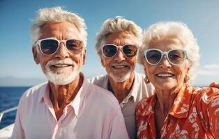 AI generated Portrait of happy elderly people on vacation at sea photo