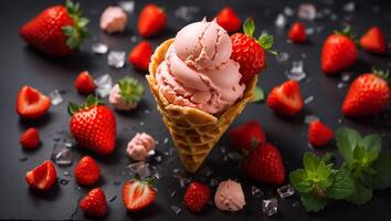 AI generated Ice cream with strawberries photo