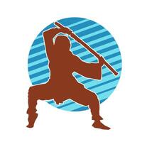 Silhouette of a male fighter in martial art costume carrying samurai sword weapon. vector