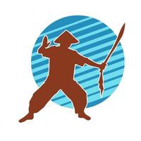 Silhouette of a male fighter in martial art costume carrying samurai sword weapon. vector