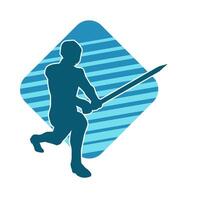 Silhouette of a male warrior in action pose with sword weapon. Silhouette of a man fighter carrying sword weapon. vector