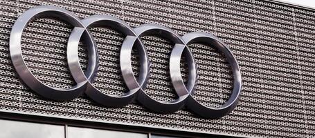 Minsk, Belarus, January 19, 2024 - Audi emblem on a building. photo