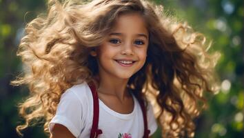 ai generado pequeño niña con hermosa pelo al aire libre en verano foto