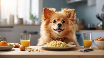 AI generated Cute dog sitting in the kitchen at the table photo