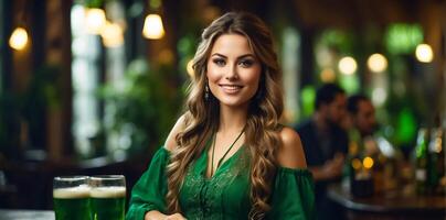 ai generado hermosa niña con un vaso de verde cerveza en un bar foto