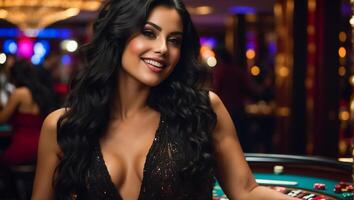 ai generado hermosa niña en un casino foto