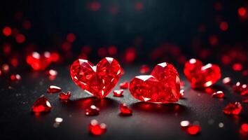 AI generated Beautiful diamond red hearts on a dark background photo