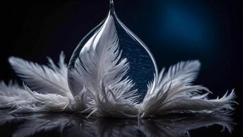 AI generated Beautiful feather, drop of water dark background photo