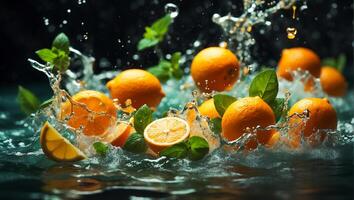 AI generated Fresh ripe oranges, water drops, splash photo