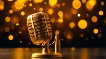 AI generated Beautiful golden microphone on a dark background photo