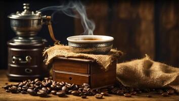 AI generated Cup of coffee, grains vintage background photo