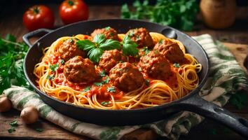 ai generado delicioso apetitoso albóndigas con espaguetis, tomate salsa en el cocina foto