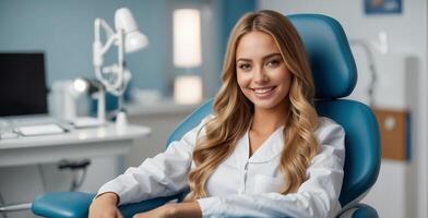 ai generado hermosa niña en un dental silla en un clínica foto