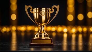 AI generated Golden winner cup on dark background photo