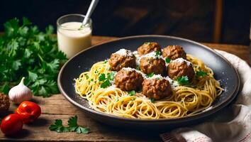 AI generated Delicious appetizing meatballs with spaghetti in the kitchen photo