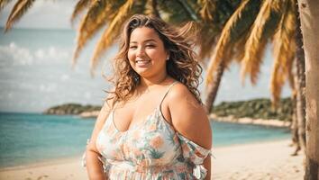 AI generated Beautiful very fat woman in a swimsuit on the beach photo