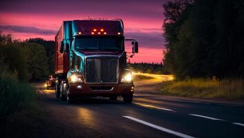 ai generado moderno camión conducción en el la carretera a noche en verano foto