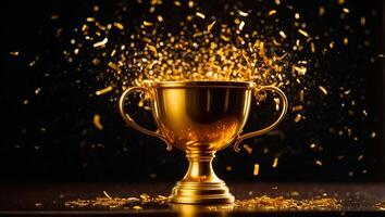 AI generated Golden winner cup on dark background photo