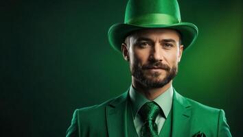 ai generado elegante contento hombre en verde sombrero y verde ropa foto