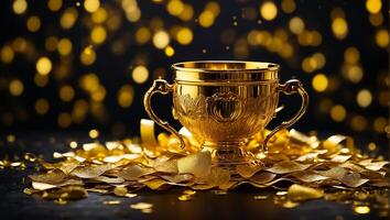 AI generated Golden winner cup on dark background photo