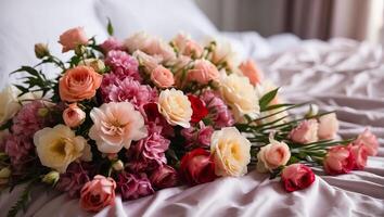 ai generado hermosa ramo de flores de flores en el cama foto