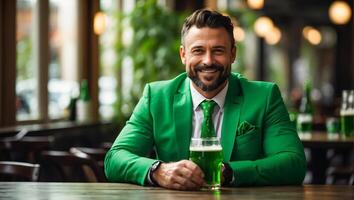 ai generado hombre con vaso de verde cerveza a bar foto