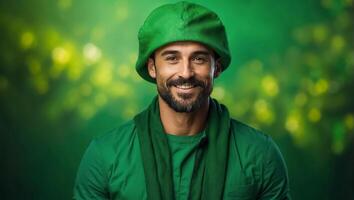 ai generado elegante contento hombre en verde sombrero y verde ropa foto