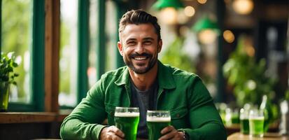 ai generado hombre con vaso de verde cerveza a bar foto