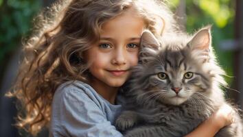 ai generado pequeño niña con linda gato al aire libre retrato foto